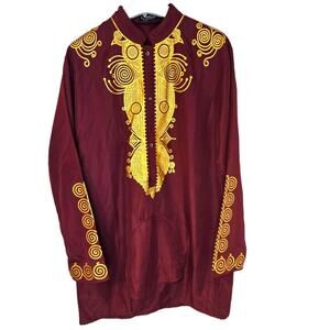 Luc Matton burgundy and gold 2 piece tunic and pants Dashiki. Size L